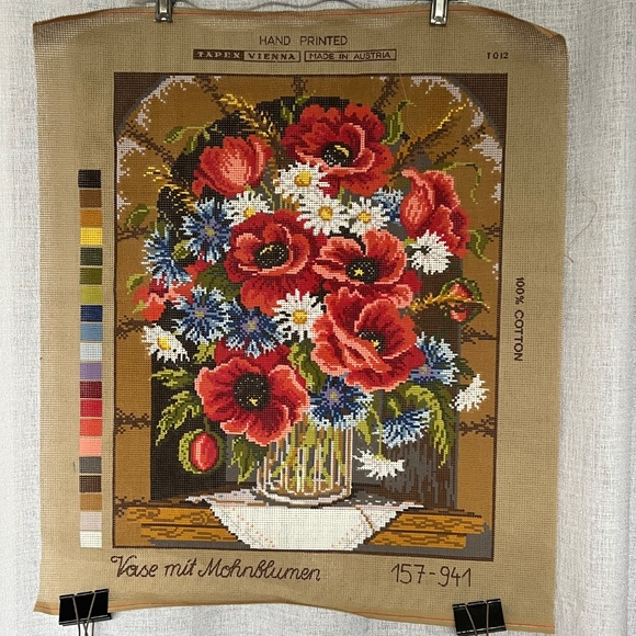Needlepoint Canvas Hand Printed Austria Cotton Vase With Poppies Red 15" x 19" - Picture 1 of 4